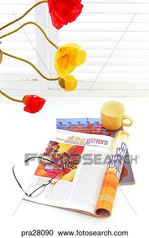 lifestyle, flower, magazine, glasses, cup, window View Large Photo Image Stock Image - lifestyle, flower, magazine, glasses, cup, window. Fotosearch