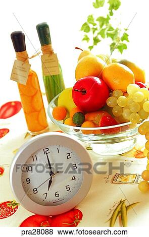 lifestyle, fruit, brea, bottle, table, basket, clock View Large Photo Image Stock Photo - lifestyle, fruit, brea, bottle, table, basket, clock. Fotosearch