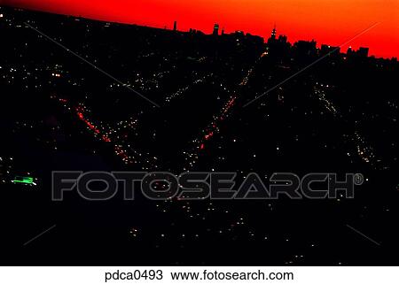 Stock Image - silhouette, New York, sundown, dusk, night view, America. Fotosearch