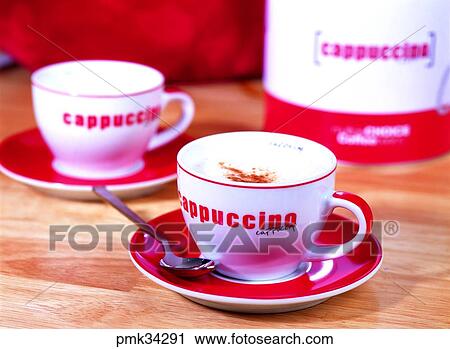 Stock Image - cappucino, coffee, two cups, coffee cup, teacup, teacups, spoon. Fotosearch