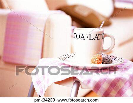 Stock Image - coffee cup, teacup, teacups, coffee, mug, cake, snack. Fotosearch