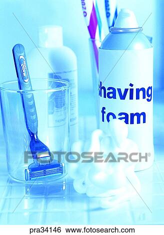 Stock Photograph - living, life, razor blade, electronic razor, shaving foam, bubble, foam. Fotosearch