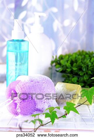 Stock Image - living, life, toilet set, sponge, body care, bath, bathroom. Fotosearch