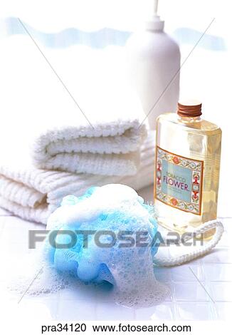 Stock Image - living, life, toilet set, sponge, body care, bath, bathroom. Fotosearch