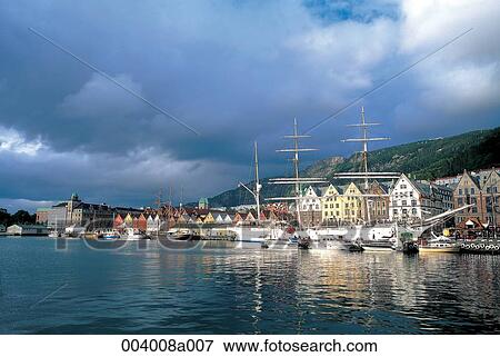 Stock Photo - North Europe, Norway, sightseeing place, sightseeing, trip, Bergen, harbor city. Fotosearch