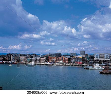 Stock Photograph - North Europe, Norway, sightseeing place, sightseeing, trip, Oslo, Oslo harbor. Fotosearch