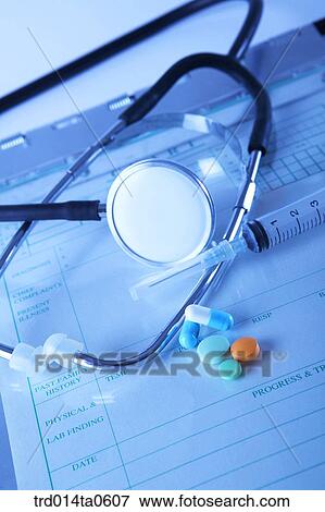 Stock Photo - medical treatment, medicine, medical treatmentchart, treatment chart, treatment record, documents, pencil. Fotosearch