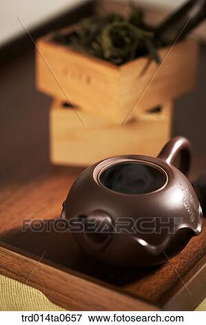 Stock Photo - green tea, teapot, plate. Fotosearch
