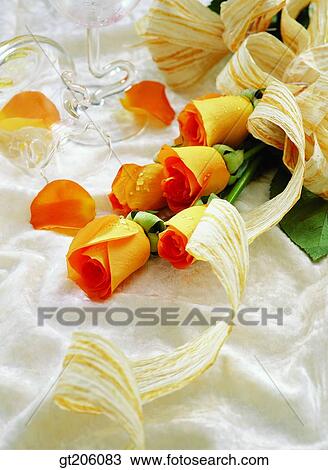 Stock Image - flower, bouquet, rose, ribbon, cloths, cloth, fabric. Fotosearch