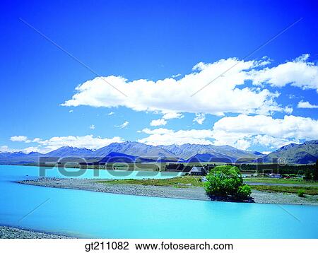 Stock Image - river, tree, sands, beach, field, mountain, sky. Fotosearch