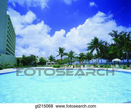 Stock Photo - outdoor pool, tourist spot, sightseeing resort, beauty spot, palm, cloud, outdoor. Fotosearch