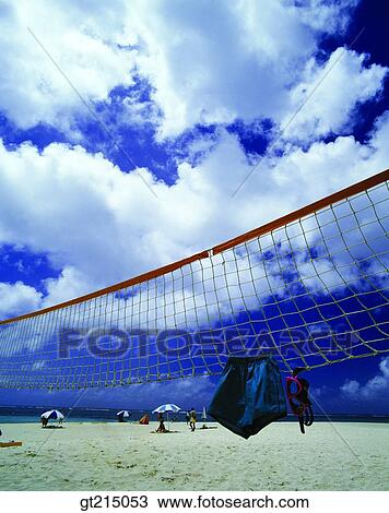 Stock Image - sandy beach, sandy beach, beach, net, sky, cloud, swim. Fotosearch