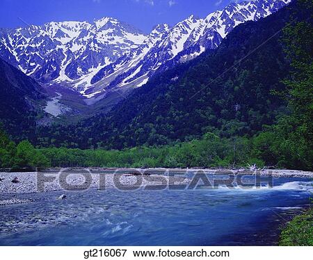 nature, landscape, scenery, scene, mountain, remaining snow, river View Large Photo Image Stock Photo - nature, landscape, scenery, scene, mountain, remaining snow, river. Fotosearch