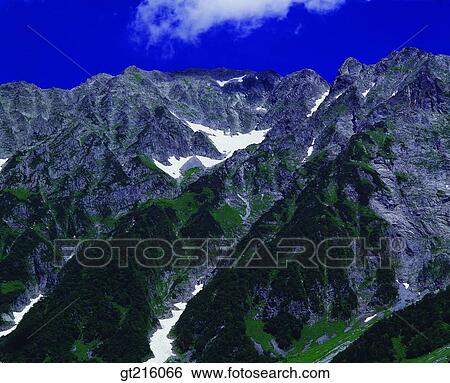 Stock Photograph - nature, landscape, scenery, scene, mountain, remaining snow, valley. Fotosearch