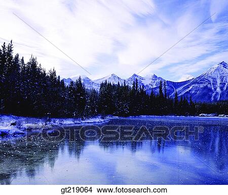 Picture - mountain, lake, snowscape, snow, winter, reflection, reflect. Fotosearch