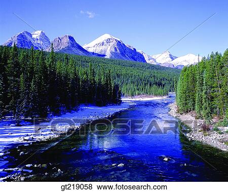 Stock Photo - river, Canada, forest, trees, mountain, outdoor, exterior. Fotosearch