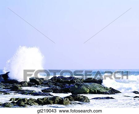 Stock Image - sea, wave, rock, outdoor, exterior, day, daytime. Fotosearch