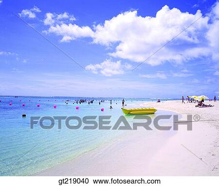 Stock Image - swimming beach, bathing resort, watering place, sandsy beach, yacht, sailboat, sea. Fotosearch