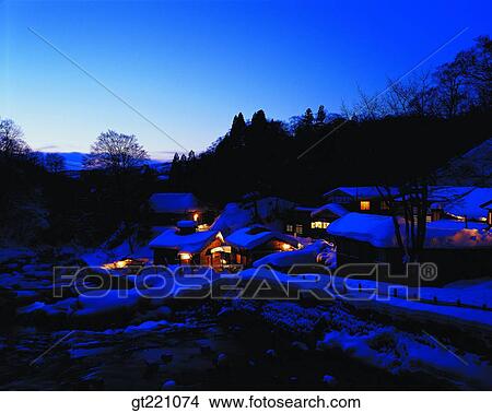 outdoor, exterior, night, snowscape, snow, flame color, fire light View Large Photo Image Picture - outdoor, exterior, night, snowscape, snow, flame color, fire light. Fotosearch