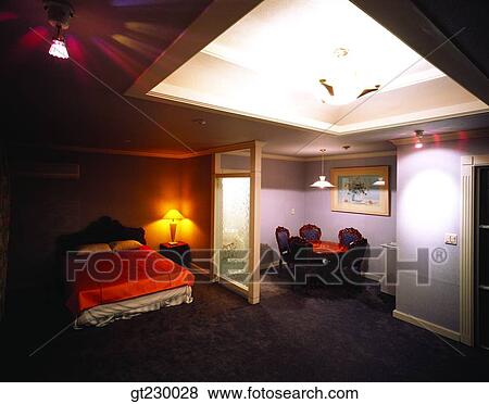 Stock Photo - interior, indoor, lighting, illumination, bedroom, bed. Fotosearch