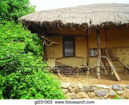 Stock Image - cottage, thatched roof, province, country, farm village, farming village, village. Fotosearch