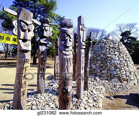 Stock Image - devil post, road idol, stone pagoda, stone tower, Gyeongbok palace, Gyeongbok Palace, outdoor. Fotosearch