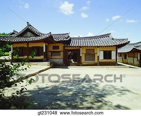 Stock Photo - Kim Jung Hi, autumnal sentiment, thoughts, Ye mountain, tile roofed house, garden, yard. Fotosearch