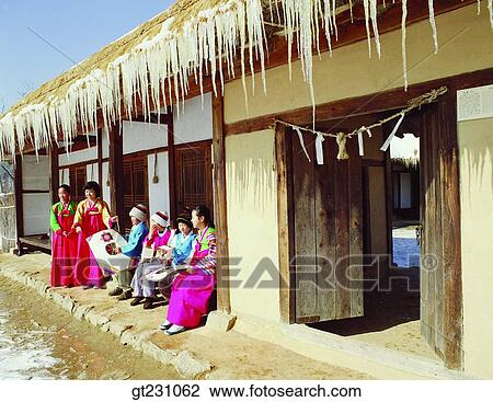 Stock Image - kite, child, children, kid, Korean clothes, Korean dress, cottage. Fotosearch