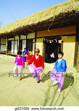 Stock Photography - playing shuttlecock, shuttlecock, Korean clothes, Korean dress, child, children, kid. Fotosearch
