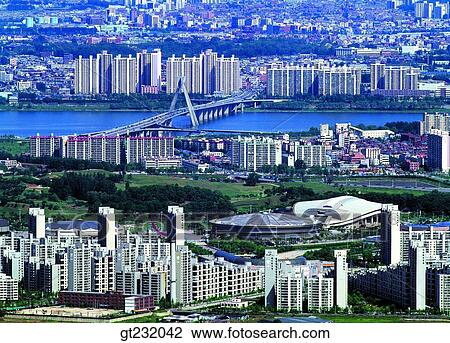 Stock Image - Korea, outdoor, exterior, day, daytime, daylight, town scene. Fotosearch