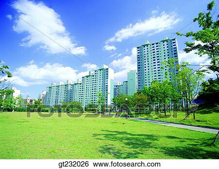 Stock Photograph - Korea, outdoor, exterior, day, daytime, daylight, apartment. Fotosearch