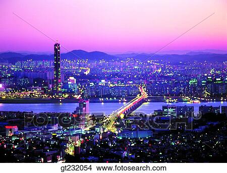 Picture - Korea, outdoor, exterior, night, night view, city, town. Fotosearch