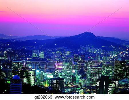 Stock Image - Korea, outdoor, exterior, night, night view, city, town. Fotosearch