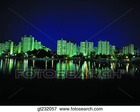 Stock Photo - Korea, outdoor, exterior, night, night view, apartment, flat. Fotosearch