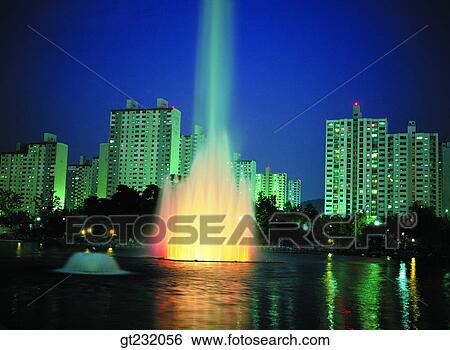 Stock Photograph - Korea, outdoor, exterior, night, night view, apartment, flat. Fotosearch