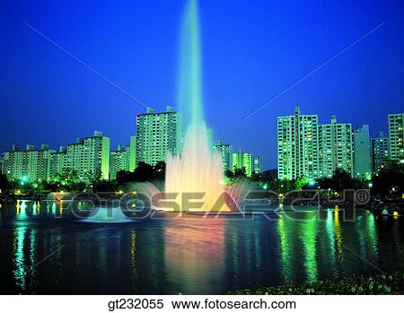 Stock Photography - Korea, outdoor, exterior, night, night view, apartment, flat. Fotosearch