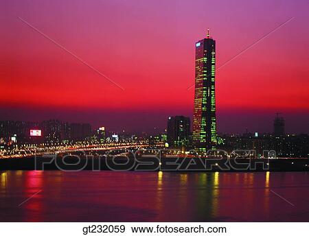 Stock Photo - Korea, outdoor, exterior, sunset, sundown, night, dusk. Fotosearch