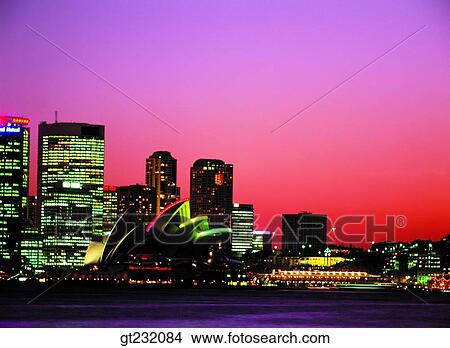 Picture - outdoor, exterior, night, Australia, city, downtown, night view. Fotosearch