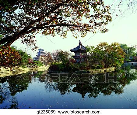 Stock Photo - Gyeongbok palace, Gyeongbok Palace, Hyangwonjung, pond, fall, autumn, fallen leaves. Fotosearch