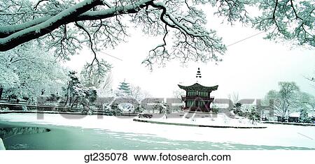 Stock Photo - Gyeongbok palace, Gyeongbok Palace, snowscape, snow, winter, Hyangwonjung, pond. Fotosearch