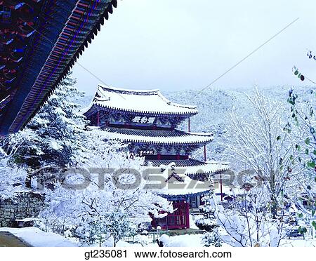 Stock Image - Kumsansa, snowscape, snow, winter, eaves, outdoor. Fotosearch