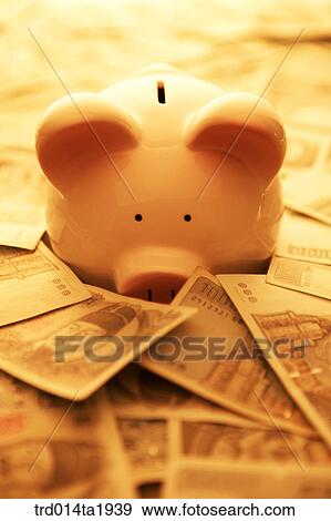 Stock Photo - business, money, paper money, saving, savings box, pig saving bank, savings box. Fotosearch