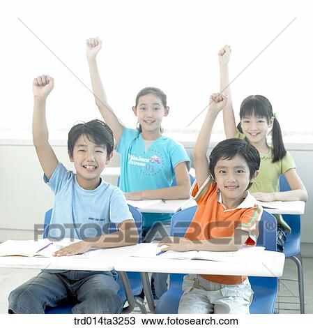 Stock Image - children raising hands. Fotosearch