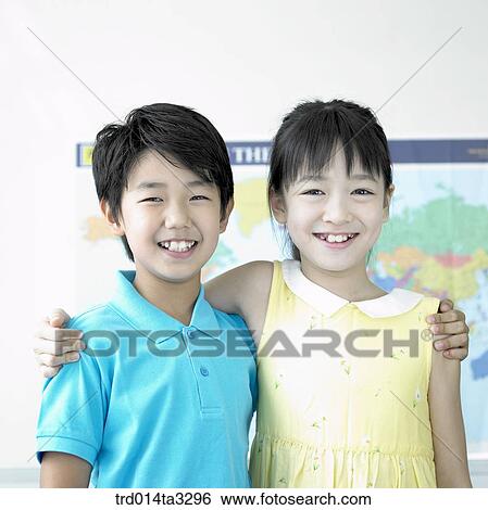 Stock Photograph - Childrens with their arms around their frineds' shoulder. Fotosearch