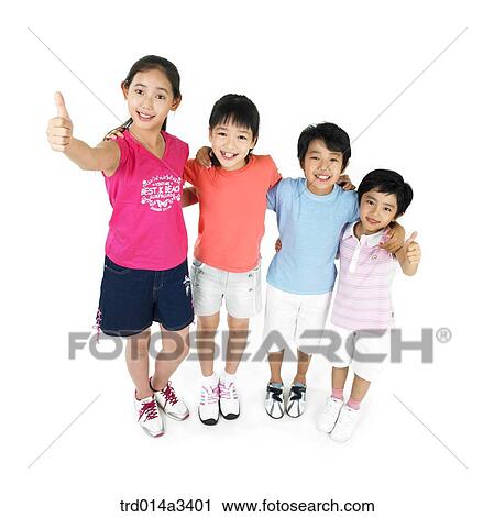 Stock Image - Childrens with their arms around their frineds' shoulder. Fotosearch