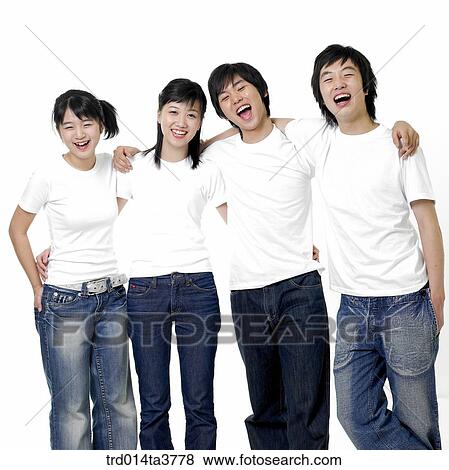 Smiling teens putting arms around each other's shoulder View Large Photo Image Stock Photo - Smiling teens putting arms around each other's shoulder . Fotosearch