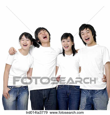 Smiling teens putting arms around each other's shoulder View Large Photo Image Stock Photo - Smiling teens putting arms around each other's shoulder . Fotosearch