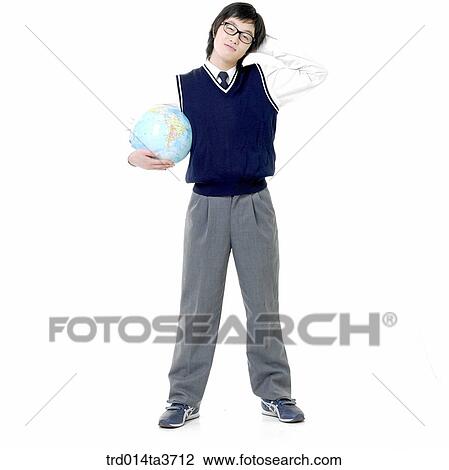 Teen in uniform holding the globe View Large Photo Image Stock Image - Teen in uniform holding the globe. Fotosearch