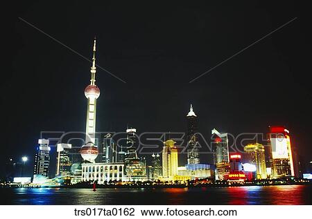 Stock Image - China, Shanghai, pudong area with lightings. Fotosearch
