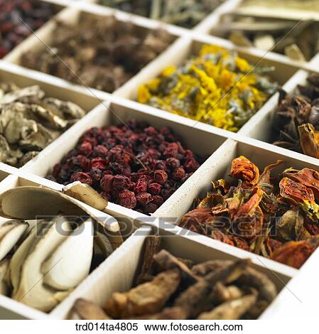 Stock Photography - Chinese medicine on sectional container. Fotosearch